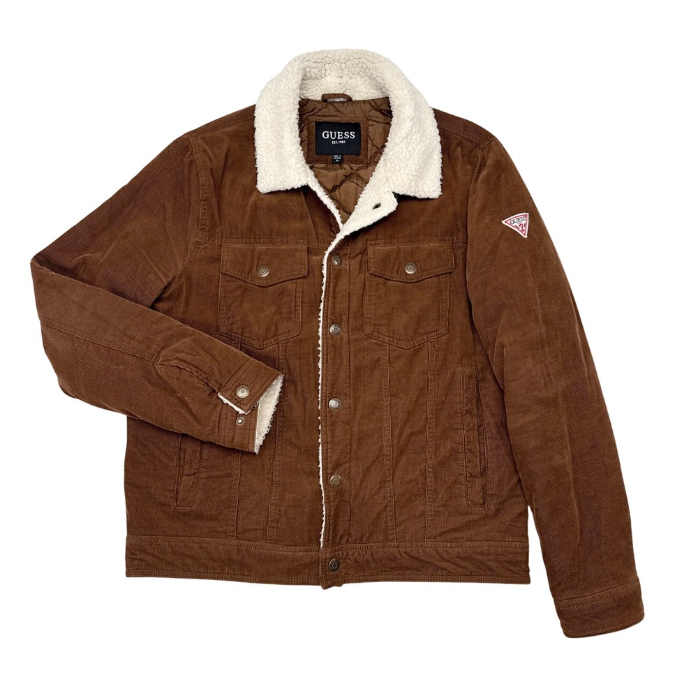 Guess Sherpa Collar Corduroy Jacket Mens Size Medium Brown Casual Menswear